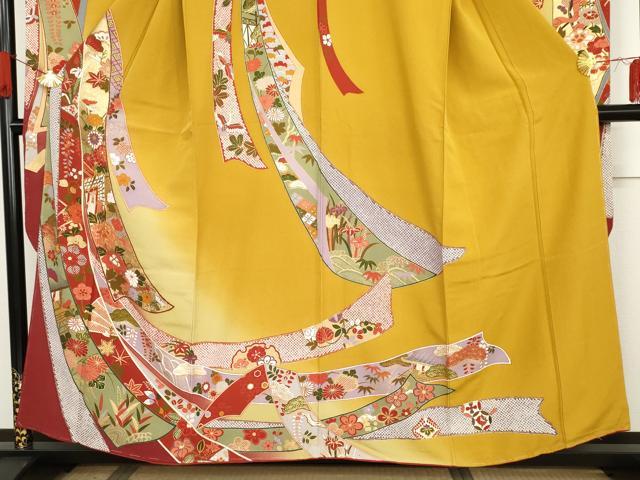 平和屋着物●豪華振袖　御所車鬘帯飛鶴花文　暈し染め　金彩　正絹　逸品　未使用　AABG6579cs