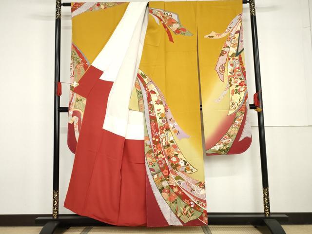 平和屋着物●豪華振袖　御所車鬘帯飛鶴花文　暈し染め　金彩　正絹　逸品　未使用　AABG6579cs