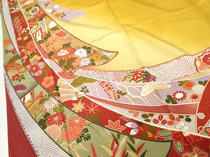 平和屋着物●豪華振袖　御所車鬘帯飛鶴花文　暈し染め　金彩　正絹　逸品　未使用　AABG6579cs