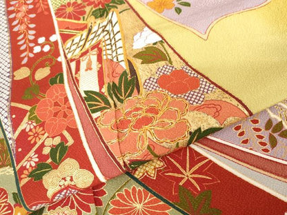 平和屋着物●豪華振袖　御所車鬘帯飛鶴花文　暈し染め　金彩　正絹　逸品　未使用　AABG6579cs