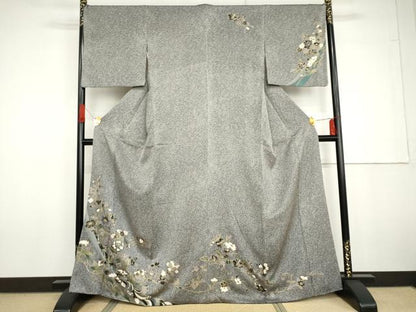 平和屋着物●訪問着　花唐草文　たたき染め　黒地　金彩　正絹　逸品　AABG6583cs
