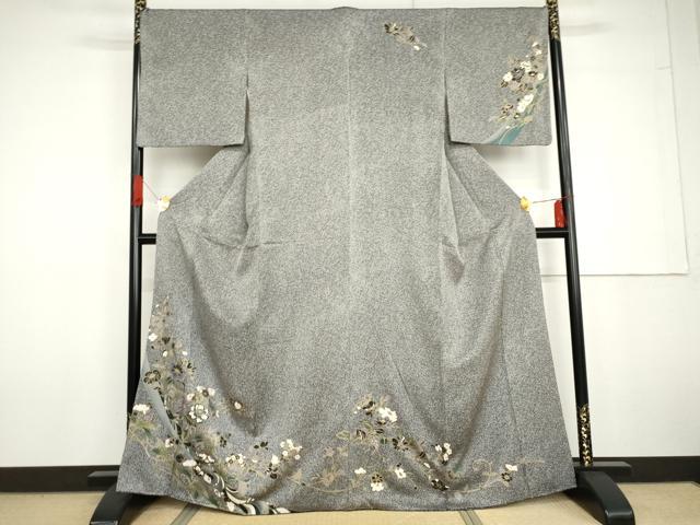 平和屋着物●訪問着　花唐草文　たたき染め　黒地　金彩　正絹　逸品　AABG6583cs