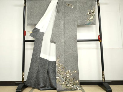 平和屋着物●訪問着　花唐草文　たたき染め　黒地　金彩　正絹　逸品　AABG6583cs