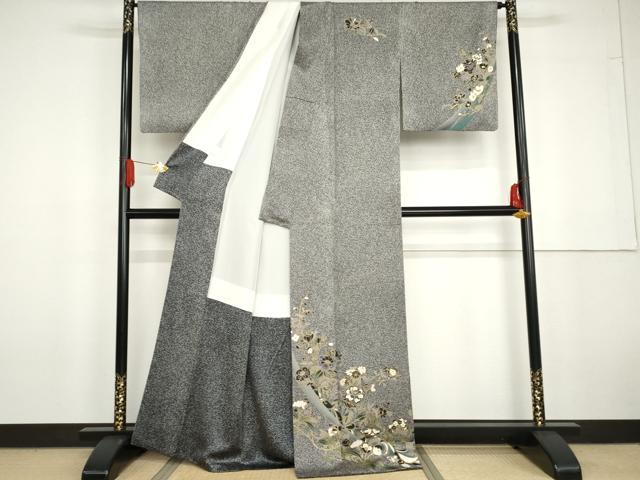平和屋着物●訪問着　花唐草文　たたき染め　黒地　金彩　正絹　逸品　AABG6583cs