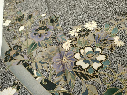 平和屋着物●訪問着　花唐草文　たたき染め　黒地　金彩　正絹　逸品　AABG6583cs