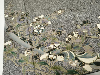 平和屋着物●訪問着　花唐草文　たたき染め　黒地　金彩　正絹　逸品　AABG6583cs