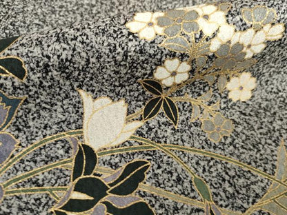 平和屋着物●訪問着　花唐草文　たたき染め　黒地　金彩　正絹　逸品　AABG6583cs