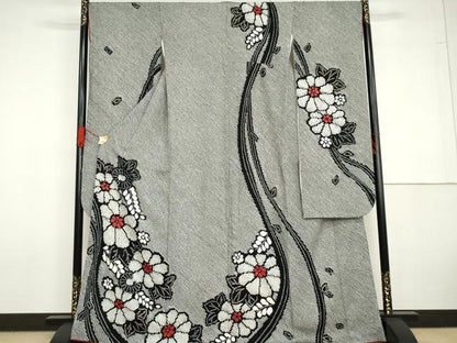 平和屋着物●豪華振袖　総絞り　草花文　黒地　金彩　正絹　逸品　AABG6586cs