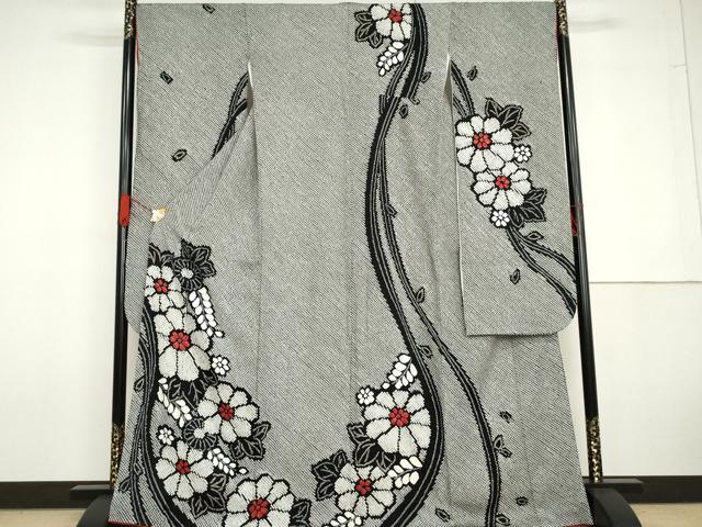 平和屋着物●豪華振袖　総絞り　草花文　黒地　金彩　正絹　逸品　AABG6586cs