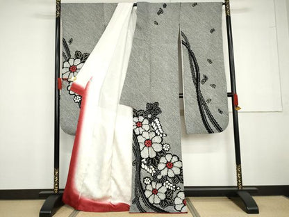 平和屋着物●豪華振袖　総絞り　草花文　黒地　金彩　正絹　逸品　AABG6586cs