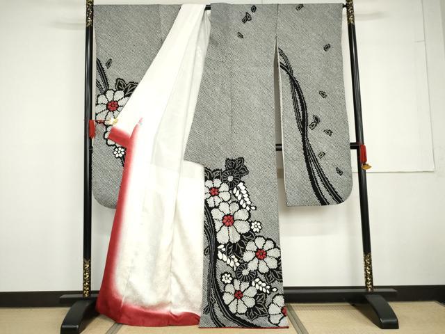平和屋着物●豪華振袖　総絞り　草花文　黒地　金彩　正絹　逸品　AABG6586cs