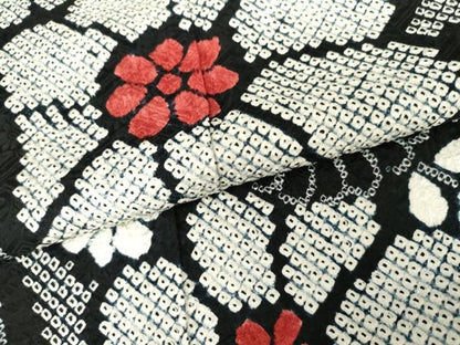 平和屋着物●豪華振袖　総絞り　草花文　黒地　金彩　正絹　逸品　AABG6586cs