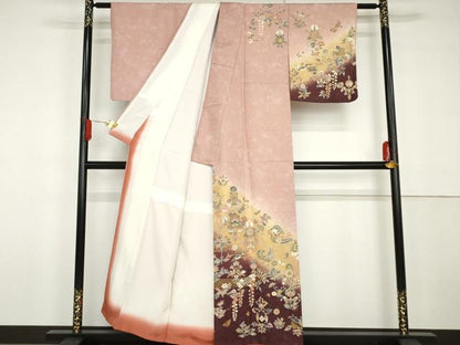 平和屋着物●訪問着　更紗花鳥文　暈し染め　金彩　正絹　逸品　AABG6593cs