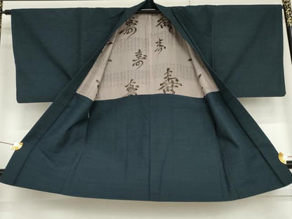 平和屋着物●男性　紬　アンサンブル　網代　色無地　青藍色　正絹　逸品　AABG6599cs
