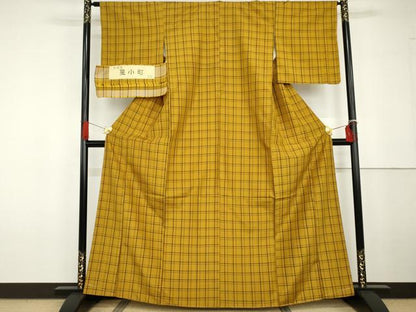 平和屋着物●上質な紬　蔓小町　格子　反端付き　正絹　逸品　未使用　AABG6603cs