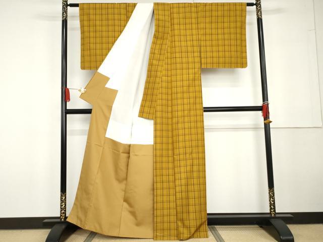 平和屋着物●上質な紬　蔓小町　格子　反端付き　正絹　逸品　未使用　AABG6603cs