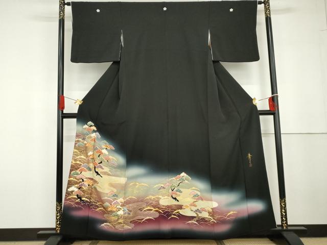 平和屋着物●京友禅の第一人者　松井青々　黒留袖　駒刺繍　芝松文　暈し染め　金彩　正絹　逸品　AABG6607cs