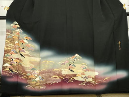 平和屋着物●京友禅の第一人者　松井青々　黒留袖　駒刺繍　芝松文　暈し染め　金彩　正絹　逸品　AABG6607cs