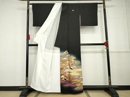 平和屋着物●京友禅の第一人者　松井青々　黒留袖　駒刺繍　芝松文　暈し染め　金彩　正絹　逸品　AABG6607cs