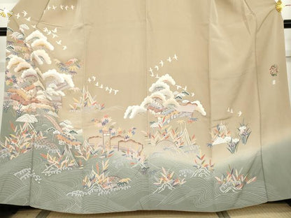 平和屋着物●訪問着　友禅　立波風景飛鳥文　暈し染め　正絹　逸品　AABG6608cs