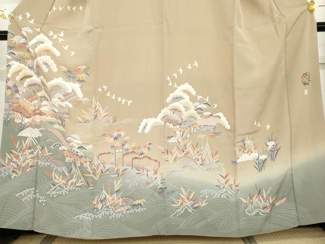 平和屋着物●訪問着　友禅　立波風景飛鳥文　暈し染め　正絹　逸品　AABG6608cs