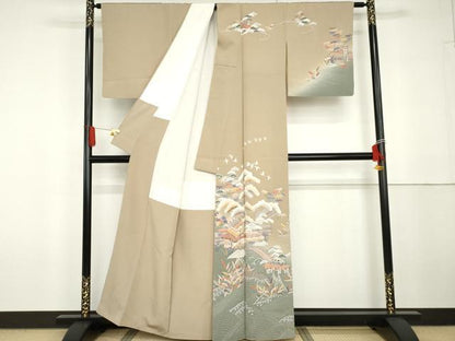 平和屋着物●訪問着　友禅　立波風景飛鳥文　暈し染め　正絹　逸品　AABG6608cs