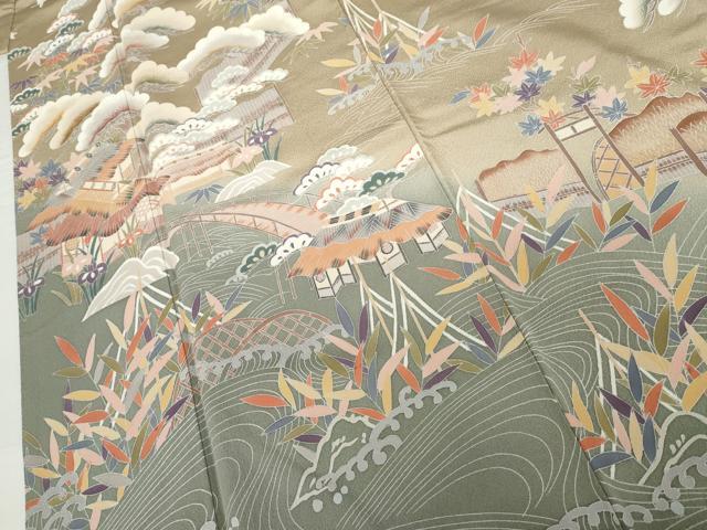 平和屋着物●訪問着　友禅　立波風景飛鳥文　暈し染め　正絹　逸品　AABG6608cs