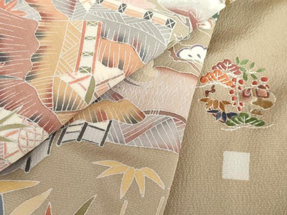 平和屋着物●訪問着　友禅　立波風景飛鳥文　暈し染め　正絹　逸品　AABG6608cs