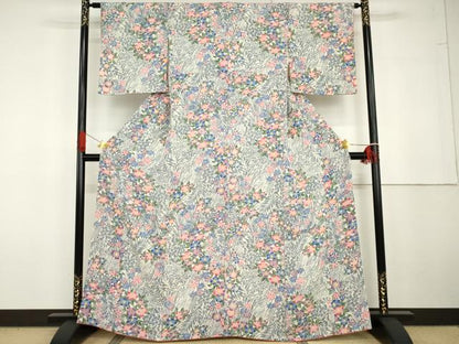平和屋着物●上質な小紋　型染め　草花文　鬼しぼ縮緬　正絹　逸品　AABG6613cs