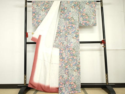平和屋着物●上質な小紋　型染め　草花文　鬼しぼ縮緬　正絹　逸品　AABG6613cs