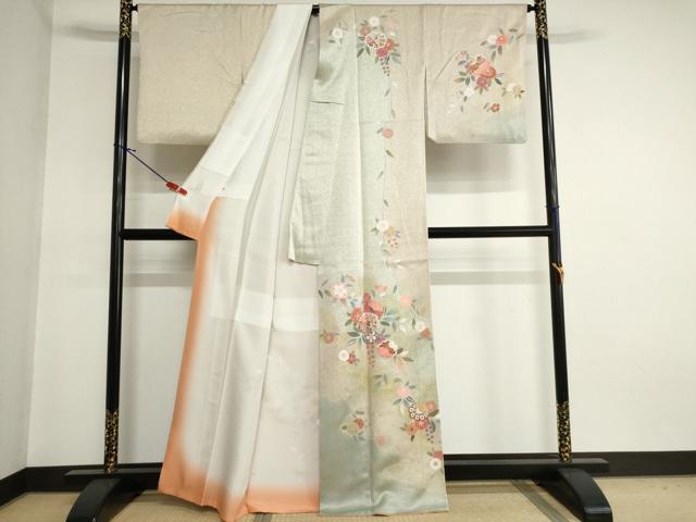 平和屋着物●訪問着　友禅　草花文　暈し染め　金彩　正絹　逸品　AABG6614cs