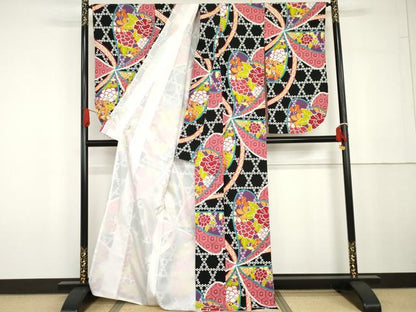 平和屋着物●小振袖　二尺袖　草花文　黒地　洗える着物　AABG6625cs