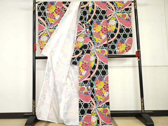 平和屋着物●小振袖　二尺袖　草花文　黒地　洗える着物　AABG6625cs