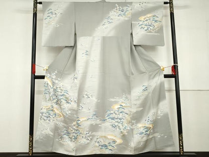 平和屋着物●訪問着　友禅　駒刺繍　松竹梅風景文　暈し染め　金彩　正絹　逸品　未使用　AABG6628cs