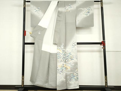 平和屋着物●訪問着　友禅　駒刺繍　松竹梅風景文　暈し染め　金彩　正絹　逸品　未使用　AABG6628cs