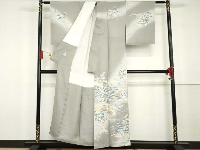 平和屋着物●訪問着　友禅　駒刺繍　松竹梅風景文　暈し染め　金彩　正絹　逸品　未使用　AABG6628cs