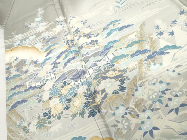 平和屋着物●訪問着　友禅　駒刺繍　松竹梅風景文　暈し染め　金彩　正絹　逸品　未使用　AABG6628cs