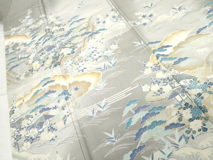 平和屋着物●訪問着　友禅　駒刺繍　松竹梅風景文　暈し染め　金彩　正絹　逸品　未使用　AABG6628cs