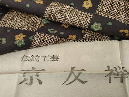 平和屋着物●上質な小紋　京友禅　鹿の子市松梅文　反端付き　正絹　逸品　未使用　AABG6632cs