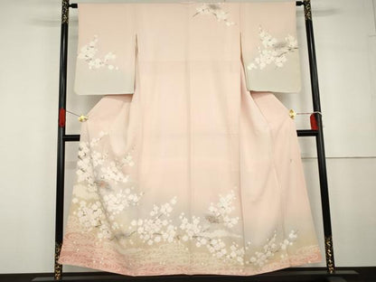 平和屋着物●十日町　名門　滝泰謹製　訪問着　刺繍　扇面流水花文　暈し染め　金糸　金彩　正絹　逸品　AABG6633cs