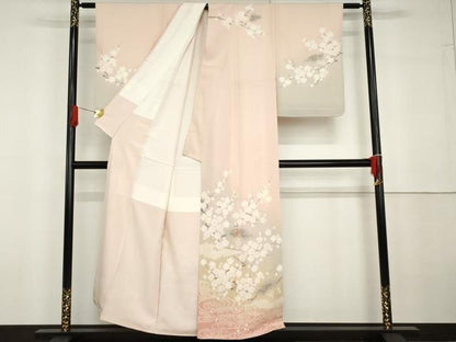 平和屋着物●十日町　名門　滝泰謹製　訪問着　刺繍　扇面流水花文　暈し染め　金糸　金彩　正絹　逸品　AABG6633cs