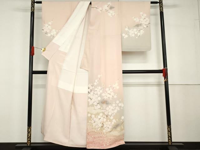 平和屋着物●十日町　名門　滝泰謹製　訪問着　刺繍　扇面流水花文　暈し染め　金糸　金彩　正絹　逸品　AABG6633cs