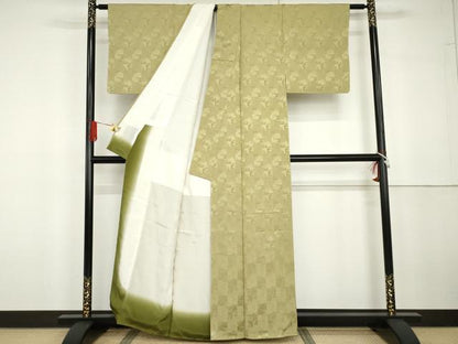 平和屋着物●上質な色無地　色紙重ね草花地紋　青朽葉色　正絹　逸品　未使用　AABG6639cs