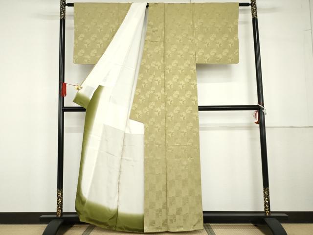 平和屋着物●上質な色無地　色紙重ね草花地紋　青朽葉色　正絹　逸品　未使用　AABG6639cs
