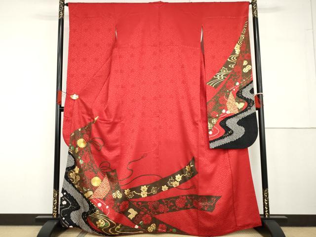 平和屋着物●豪華振袖　駒刺繍　絞り　几帳流水花文　金彩　正絹　逸品　AABG6647cs