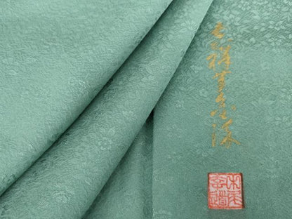 平和屋着物●上質な色無地　作家物　花鳥地紋　青竹色　正絹　逸品　AABG6650cs