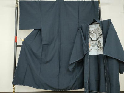 平和屋着物●男性　紬　アンサンブル　色無地　深縹色　正絹　逸品　未使用　AABG6658cs