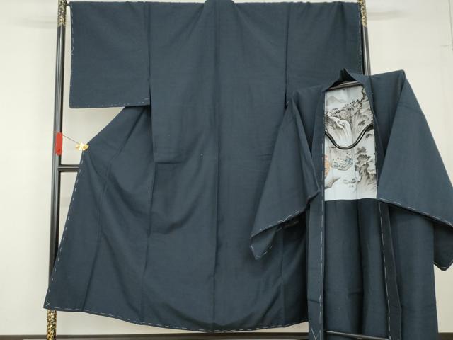 平和屋着物●男性　紬　アンサンブル　色無地　深縹色　正絹　逸品　未使用　AABG6658cs