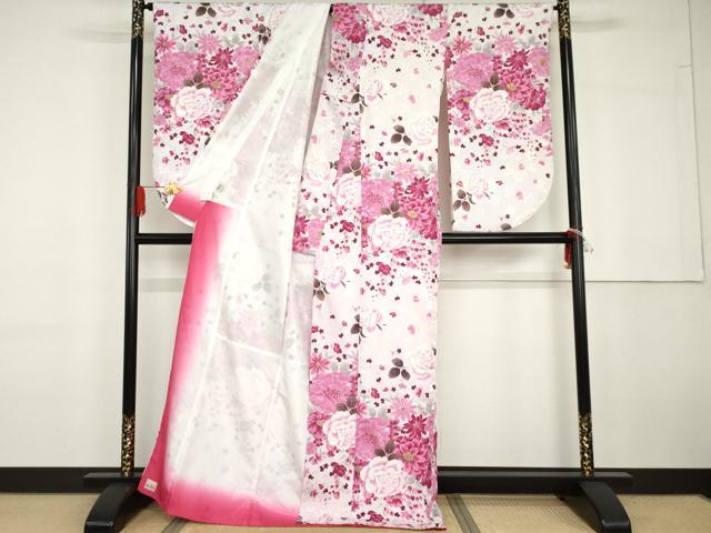 平和屋着物●H・L（アッシュエル）　HENRI-LUC CHAPUIS　小振袖　二尺袖　草花文　薔薇　金彩　洗える着物　AABG6679cs