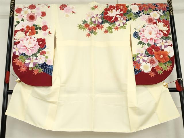平和屋着物●小振袖　二尺袖　流水草花文　金彩　洗える着物　未使用　AABG6681cs